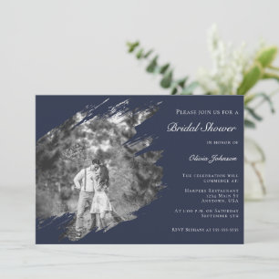 Modern Brushstroke Photo Bridal Shower Navy Blue Invitation
