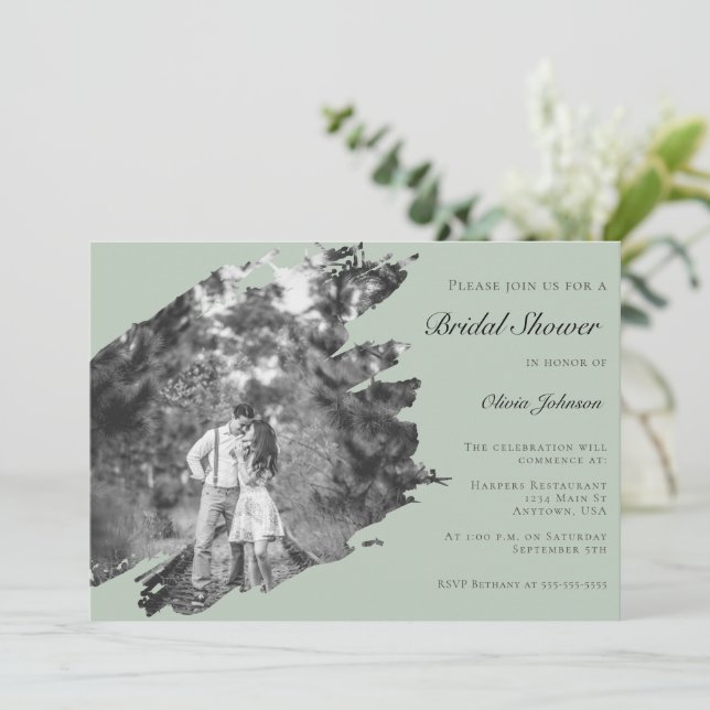 Modern Brushstroke Photo Bridal Shower Sage Green Invitation (Standing Front)