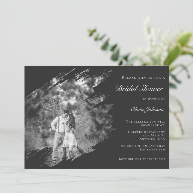 Modern Brushstroke Photo Bridal Shower Soft Black Invitation (Standing Front)