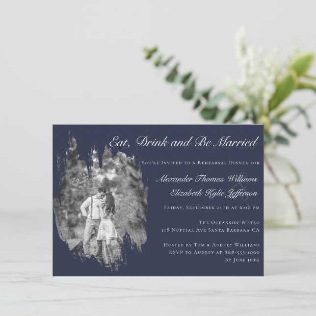 Modern Brushstroke Photo Navy Rehearsal Dinner  Invitation (Standing Front)