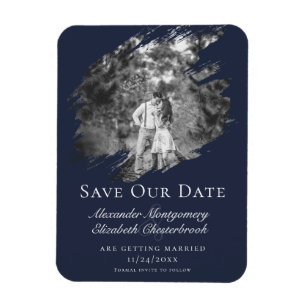 Modern Brushstroke Photo Save the Date Navy Blue Magnet