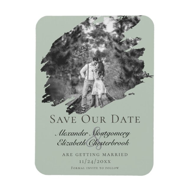 Modern Brushstroke Photo Save the Date Sage Green Magnet (Vertical)
