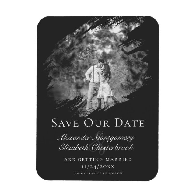 Modern Brushstroke Photo Save the Date Soft Black Magnet (Vertical)