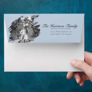 Modern Brushstroke Photo Wedding Blue Envelope