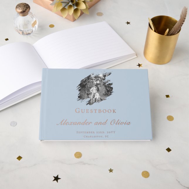 Modern Brushstroke Photo Wedding | Blue Guest Book (Front Open)