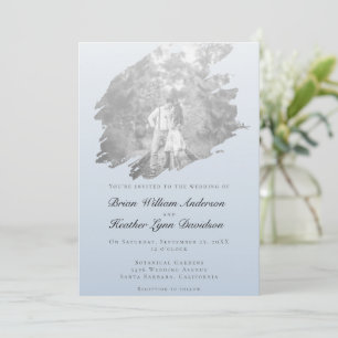 Modern Brushstroke Photo Wedding   Blue Invitation