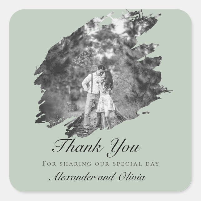 Modern Brushstroke Photo Wedding Favour Sage Green Square Sticker (Front)