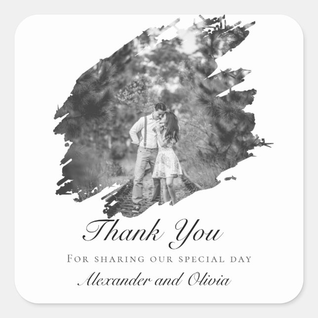 Modern Brushstroke Photo Wedding Favour | White Square Sticker (Front)