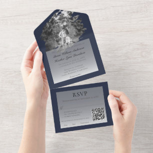 Modern Brushstroke Photo Wedding   Navy Blue All In One Invitation