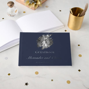 Modern Brushstroke Photo Wedding Navy Blue Guest Book