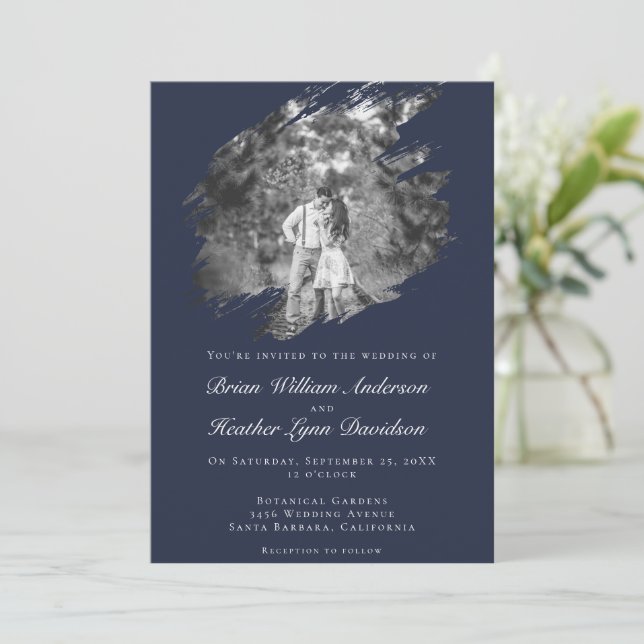 Modern Brushstroke Photo Wedding | Navy Blue Invitation (Standing Front)