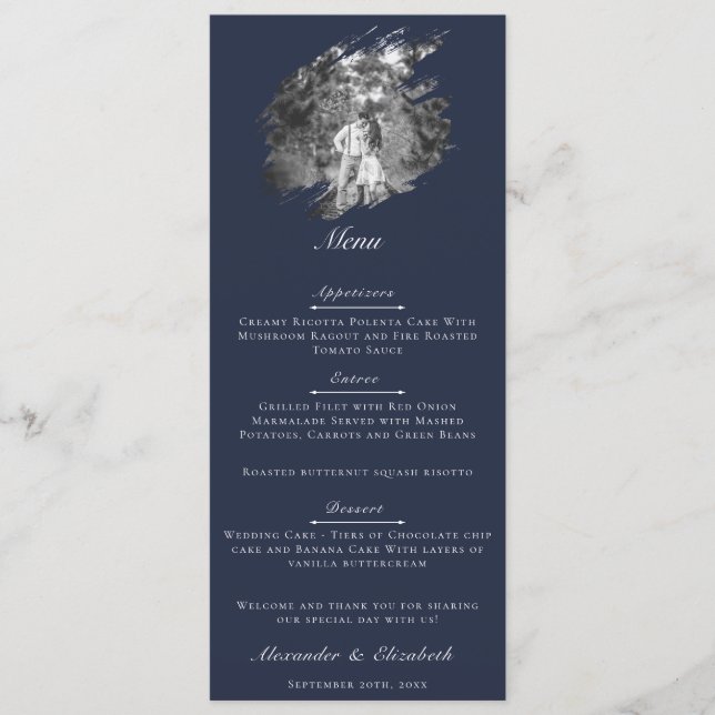 Modern Brushstroke Photo Wedding | Navy Blue Menu (Front)