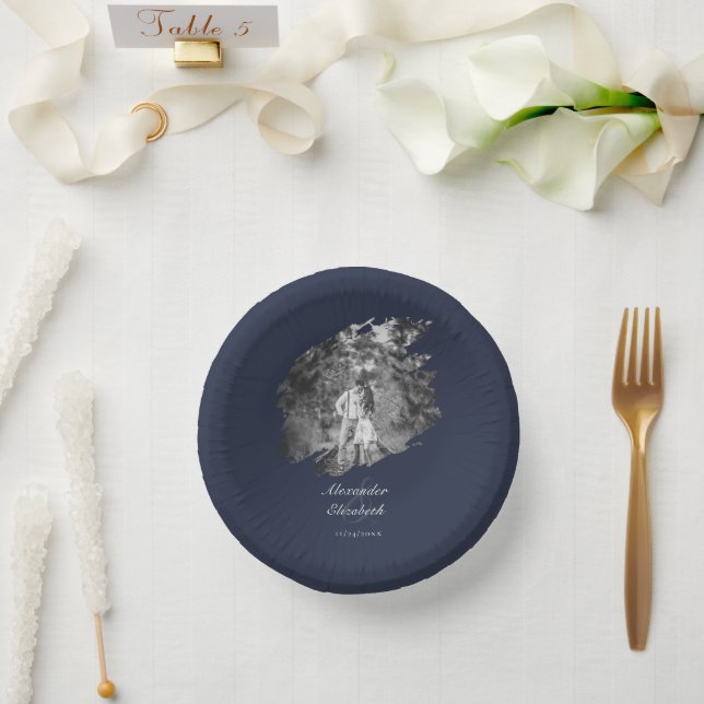 Modern Brushstroke Photo Wedding | Navy Blue Paper Plate (Wedding)