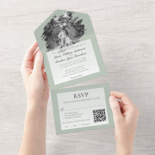 Modern Brushstroke Photo Wedding   Sage Green All In One Invitation