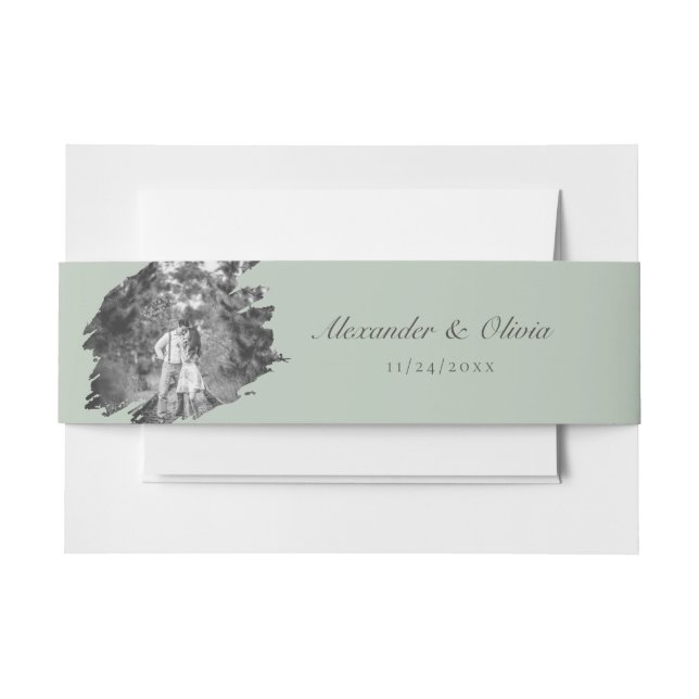 Modern Brushstroke Photo Wedding | Sage Green Invitation Belly Band (Front Example)