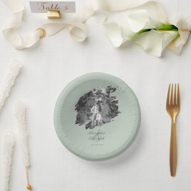 Modern Brushstroke Photo Wedding | Sage Green Paper Plate (Wedding)