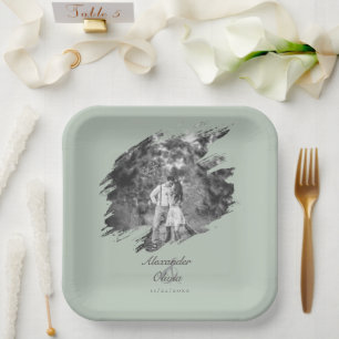 Modern Brushstroke Photo Wedding   Sage Green Paper Plate