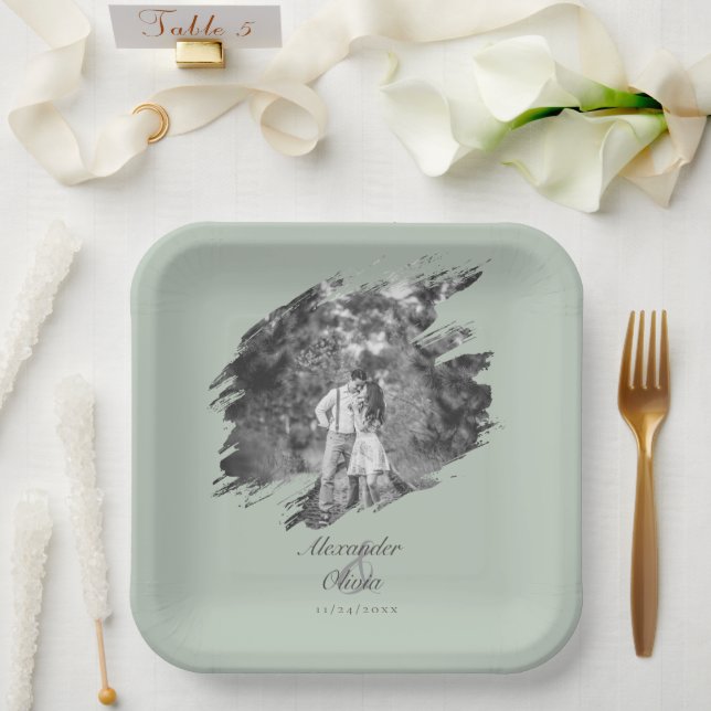 Modern Brushstroke Photo Wedding | Sage Green Paper Plate (Wedding)