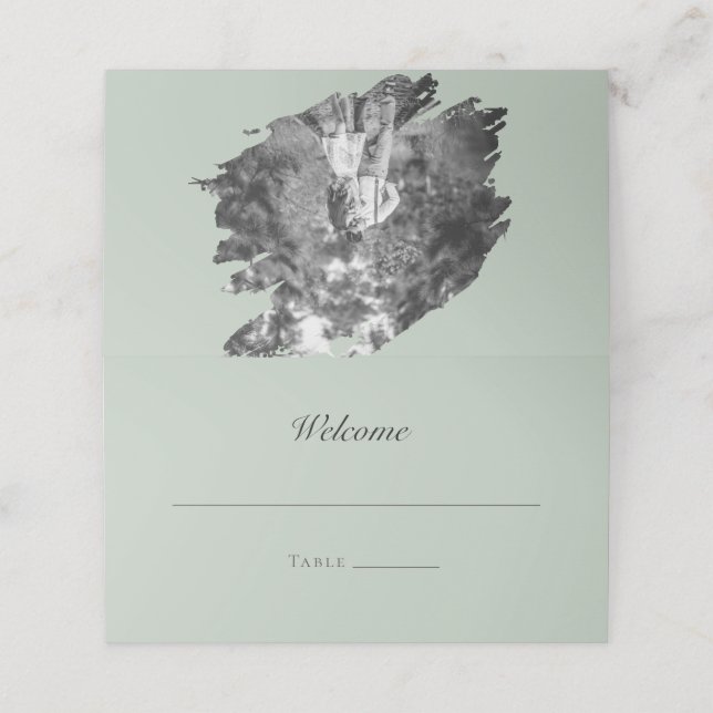 Modern Brushstroke Photo Wedding | Sage Green Place Card (Outside Unfolded)