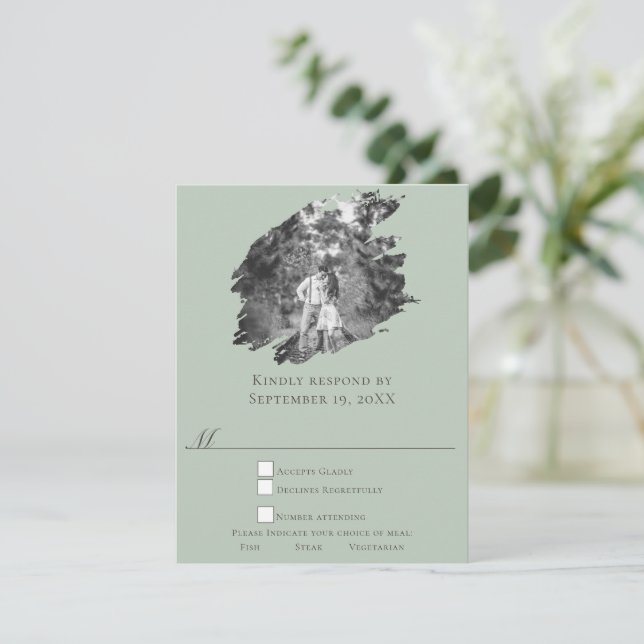 Modern Brushstroke Photo Wedding | Sage Green RSVP Card (Standing Front)