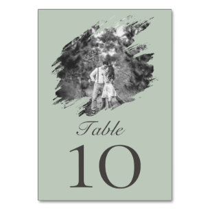 Modern Brushstroke Photo Wedding Sage Green Table Number