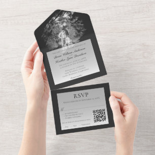 Modern Brushstroke Photo Wedding Soft Black All In One Invitation