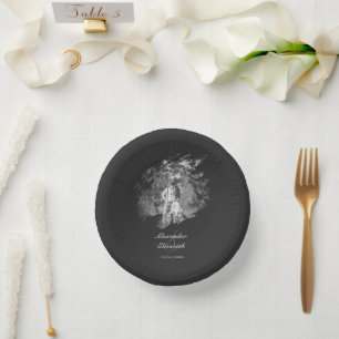 Modern Brushstroke Photo Wedding Soft Black Paper Plate