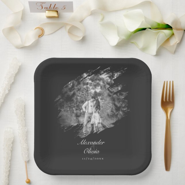 Modern Brushstroke Photo Wedding | Soft Black Paper Plate (Wedding)
