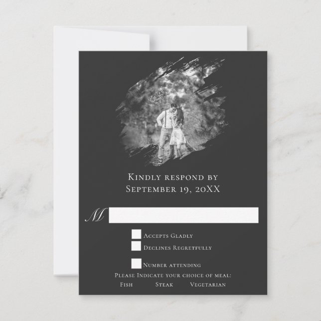 Modern Brushstroke Photo Wedding | Soft Black RSVP Card (Front)