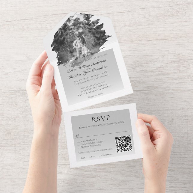 Modern Brushstroke Photo Wedding | White All In One Invitation (Tearaway)