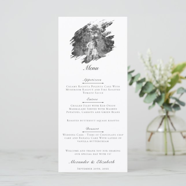 Modern Brushstroke Photo Wedding | White Menu (Standing Front)