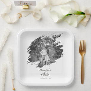 Modern Brushstroke Photo Wedding   White Paper Plate
