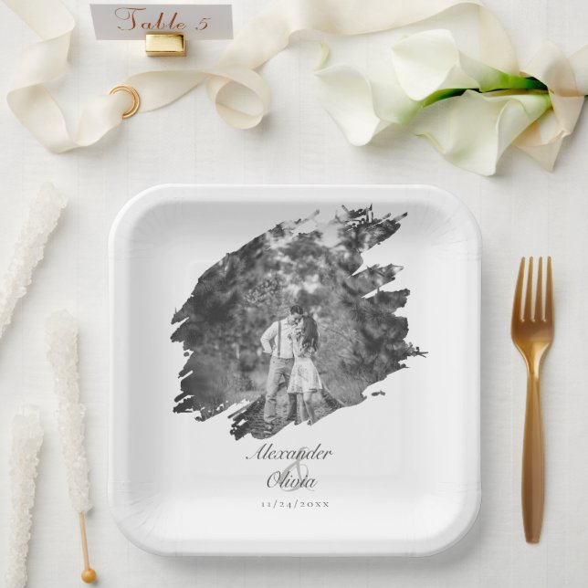 Modern Brushstroke Photo Wedding | White Paper Plate (Wedding)