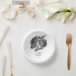 Modern Brushstroke Photo Wedding White Paper Plate