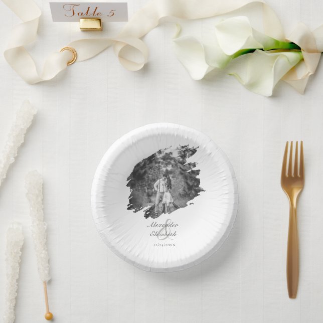 Modern Brushstroke Photo Wedding | White Paper Plate (Wedding)