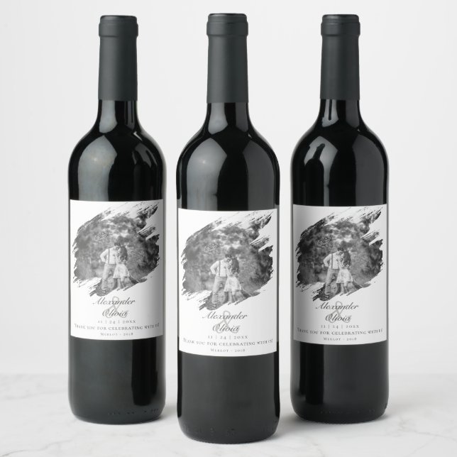 Modern Brushstroke Photo | White Wedding Wine Label (Bottles)