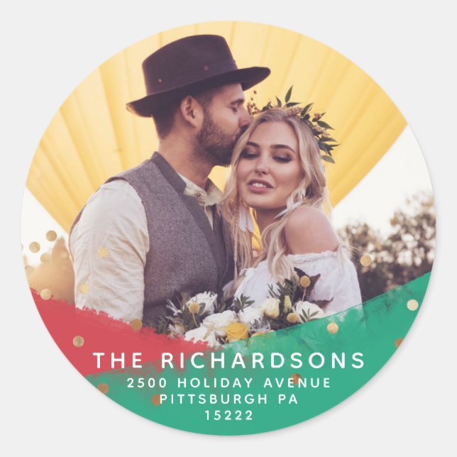 Modern Brushstrokes | Christmas Address and Photo Classic Round Sticker (Front)
