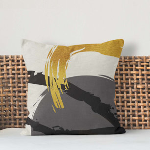 Modern Brushstrokes - Gold, Grey & Black Cushion