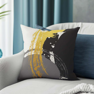 Modern Brushstrokes - Gold, Grey & Black Cushion