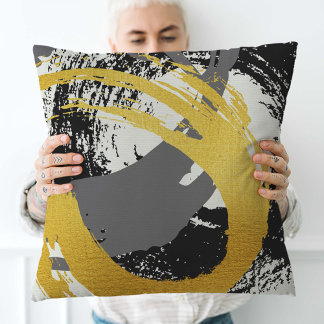 Modern Brushstrokes - Gold, Grey & Black Cushion