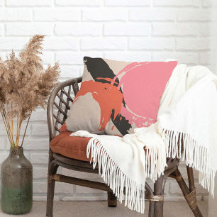 Modern Brushstrokes - Pink, Peach & Black on Beige Cushion
