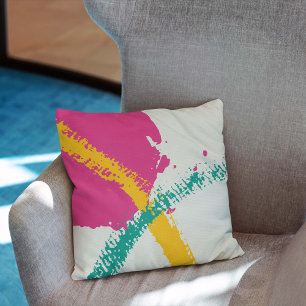 Modern Brushstrokes - Pink, Teal & Yellow on Cream Cushion