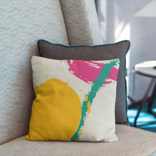 Modern Brushstrokes - Pink, Teal & Yellow on Cream Cushion