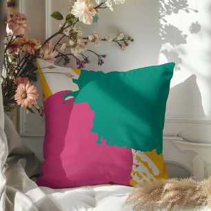 Modern Brushstrokes - Pink, Teal & Yellow on Cream Cushion