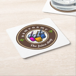 Modern Bubble Tea milk shop Café Cafe staff name Square Paper Coaster