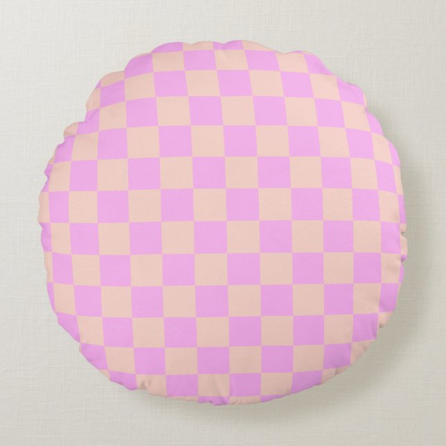 Modern Bubblegum & Peach Chequerboard Round Cushion (Front)