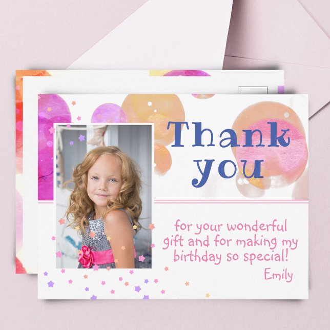 Modern Bubbles Girly Photo Birthday Thank You Postcard (Creator Uploaded)