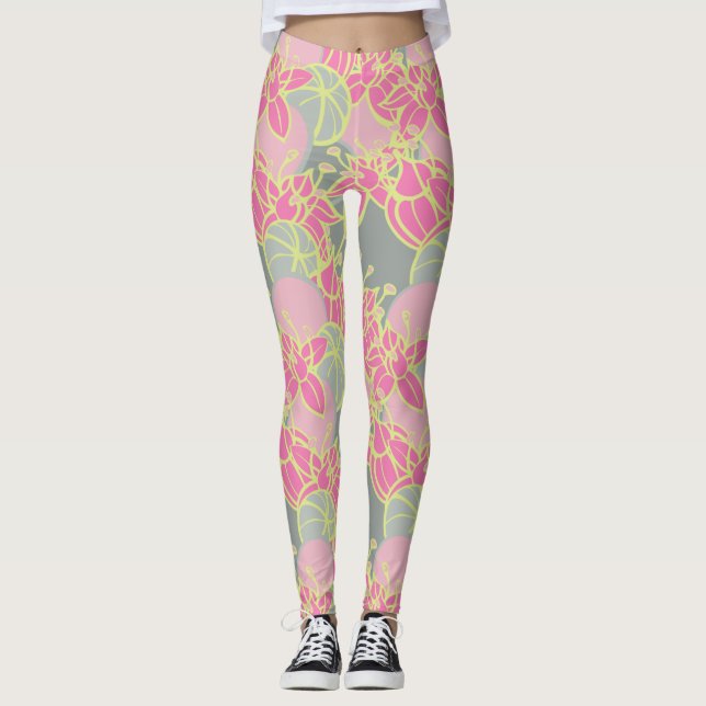 Modern Bud & Flower Bold Pattern Athleisure Leggings (Front)
