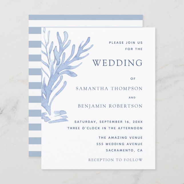 Modern Budget Beach Wedding Invitation Blue White (Front/Back)