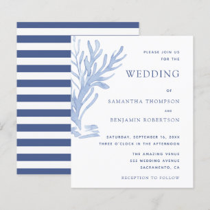 Modern Budget Beach Wedding Invitations Blue White